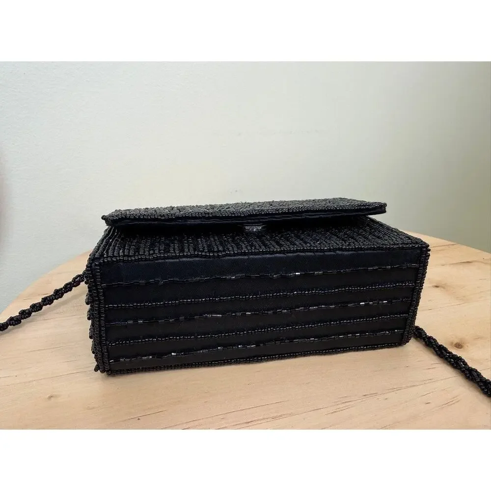 Vintage Mes‎ Ami Black Beaded Evening Bag Clutch Crossbody 1980s 1990s